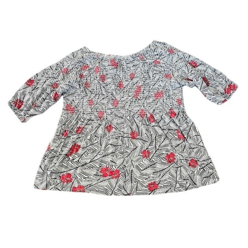 J. Jill Smocked Floral Blouse Women 2X Red Black White 3/4 Sleeve Top Boho Shirt